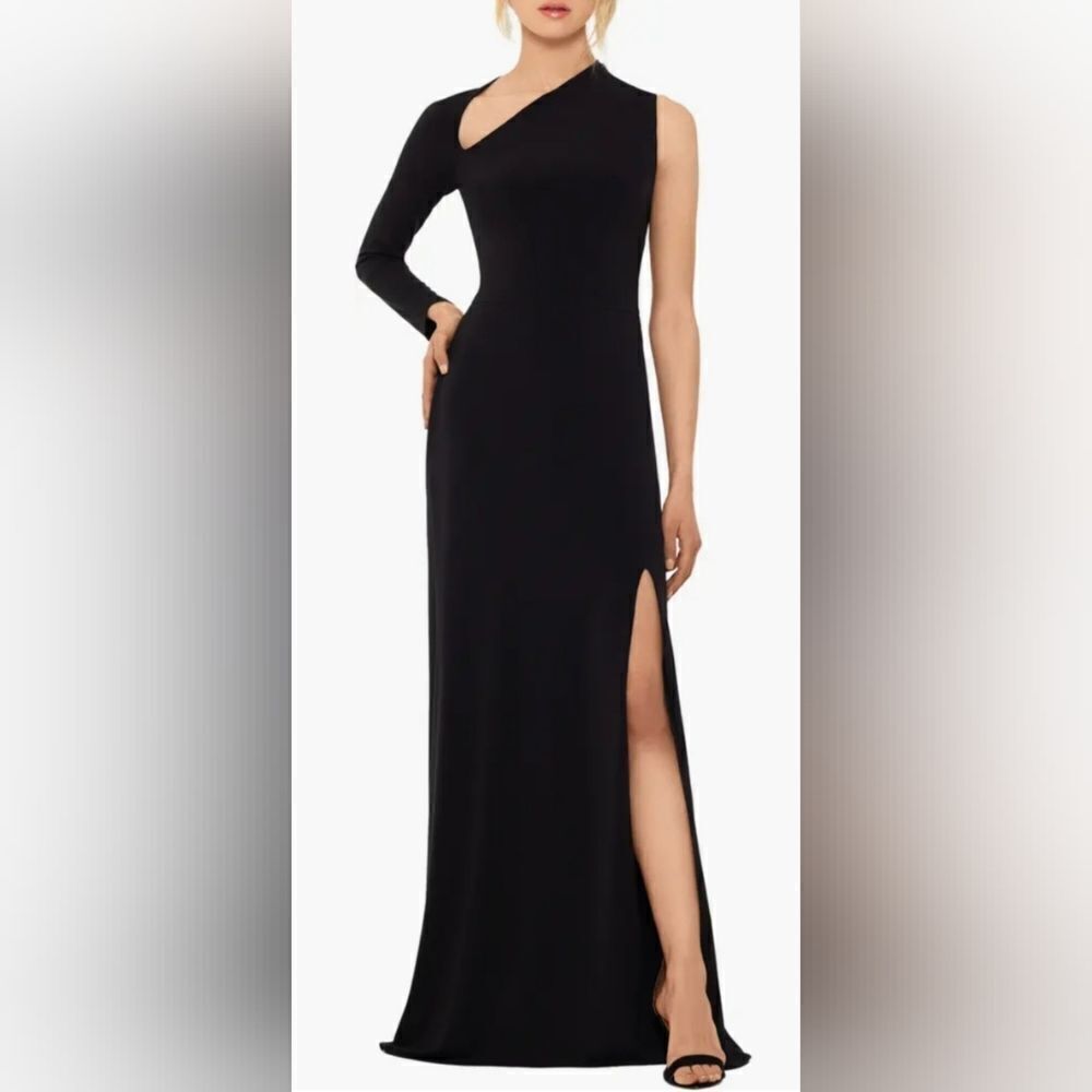 Betsy & Adam Asymmetric Single Long Sleeve Gown NWT size 12 Black